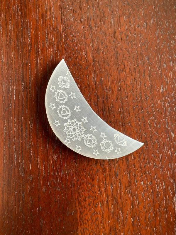 Selenite Moon with Seven Chakra