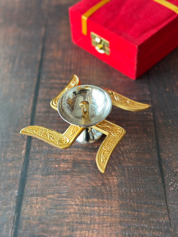 Swastik Brass Diya with Silver Polished Cente