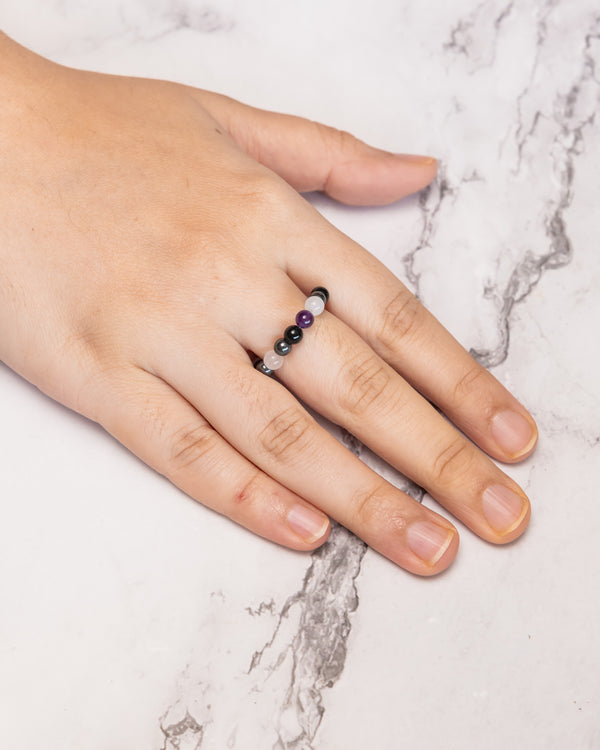 Black Tourmaline, Amethyst, Rose Quartz, Hematite Crystal Ring