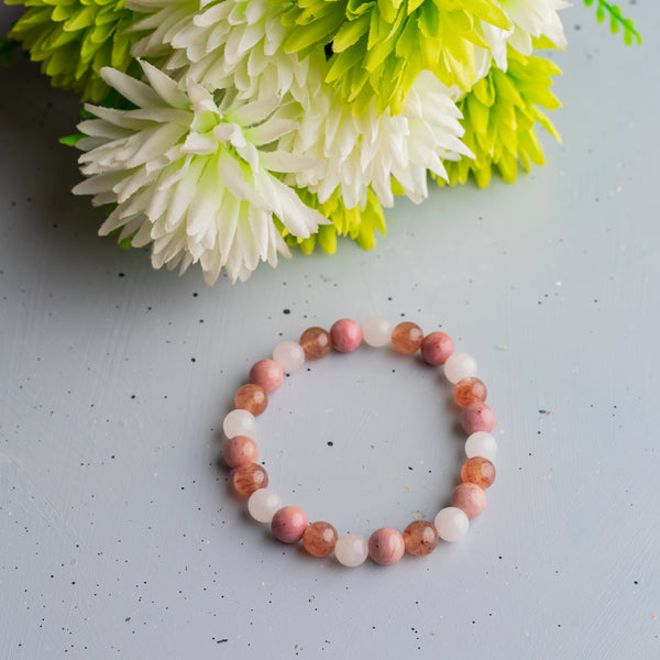 Rose Quartz, Strawberry Quartz And Rhodocrosite Bracelet